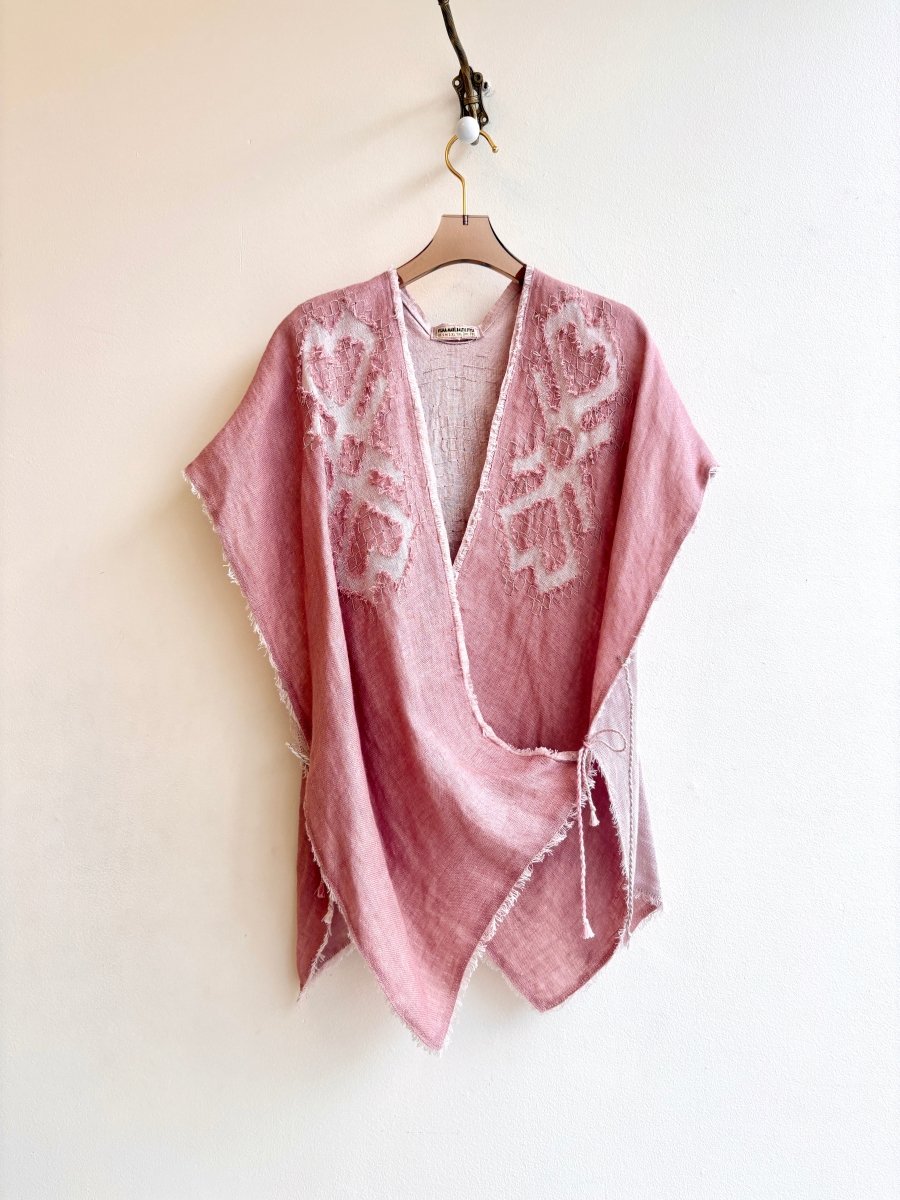 2D Vestment Hand Embroidered Overlapping Wrap Top | Blush and Mauve Linen - Made X Hudson
