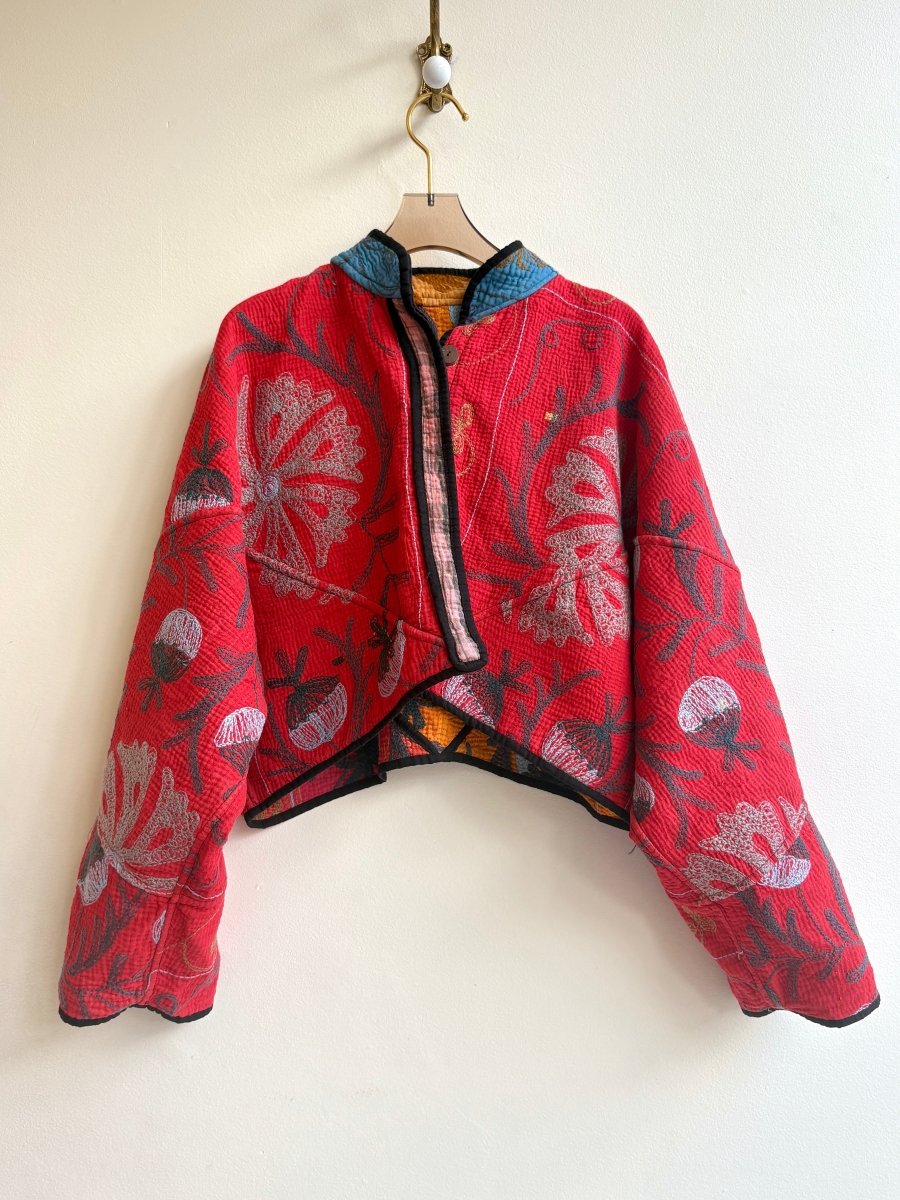 Reversible Suzani Quilted Cropped Jacket in Colors Orange, Red, Grey & Cherry Red, Aqua Blue - Made X Hudson