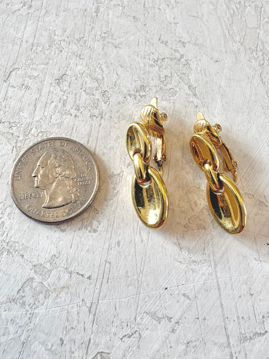 Gold Tone Dangle Ovals Clip On Earrings (Vintage) - Made X Hudson