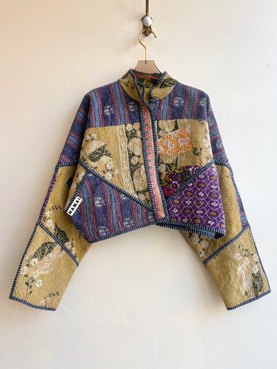 Reversible Kaira Quilted Cropped Jacket in Colors Ocher, Midnight, Violet & Citron, Copper, Red Patchwork - Made X Hudson
