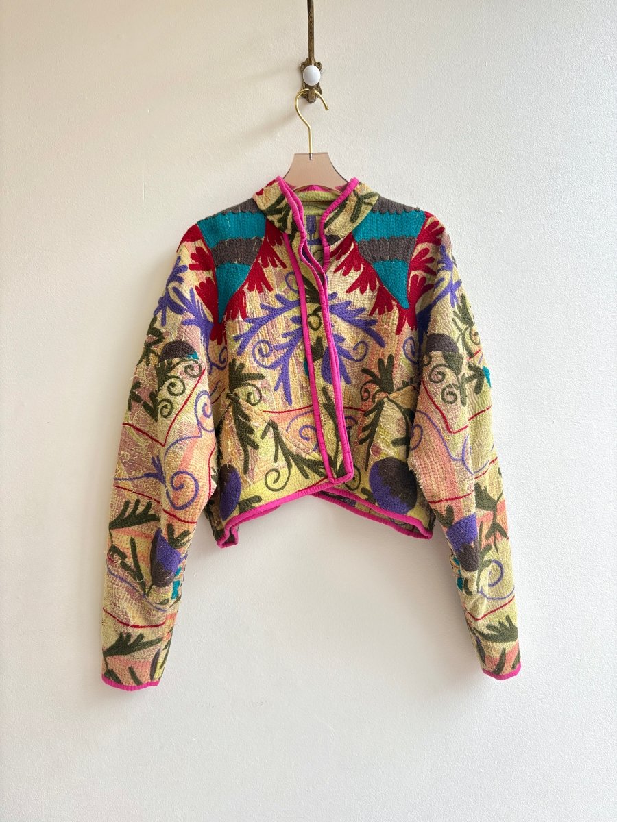 Reversible Kaira Suzani Quilted Cropped Jacket in Colors Lime, Red, Purple, Teal & Lime, Teal, Purple, Red, Green - Made X Hudson