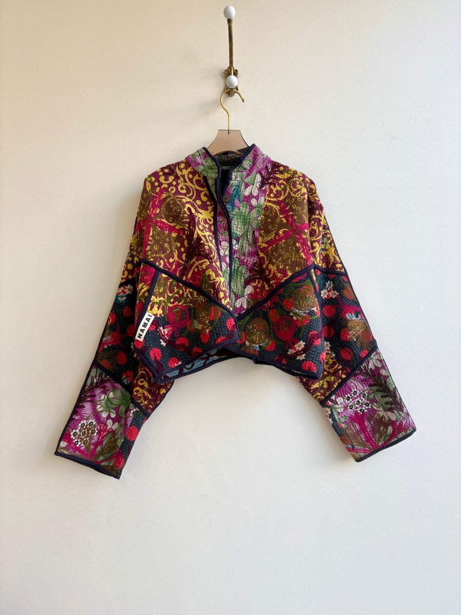 Reversible Suzani Quilted Cropped Jacket in Colors Green, Purple, Burgundy, Mustard & Sky Blue, Grey, Purple, Hot Pink - Made X Hudson