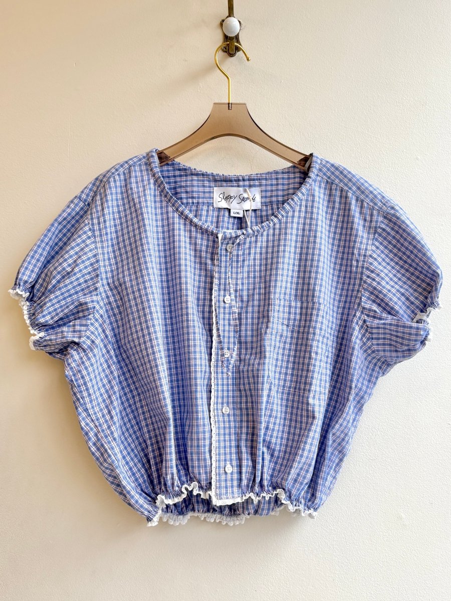 The Henry Top | Pale Blue & Fuchsia Plaid Cap Sleeve w/ Smocked Waist & Eyelet Trim (Reworked) - Made X Hudson