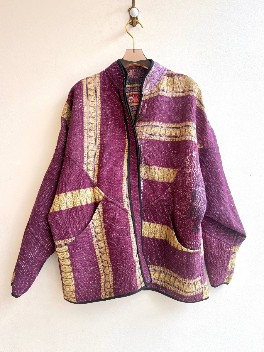 Reversible Ladhiya Quilted Jacket in Colors Eggplant, Saffron, Magenta, Black & Plum, Lime, Cream - Made X Hudson