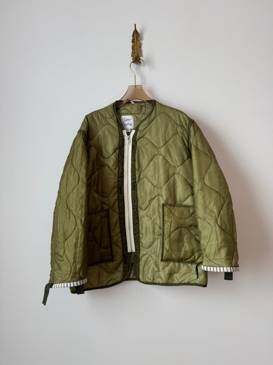 Light Olive Green Army Liner Quilted Coat w/ Bright Olive Scarf & White Zipper (Reworked) - Made X Hudson