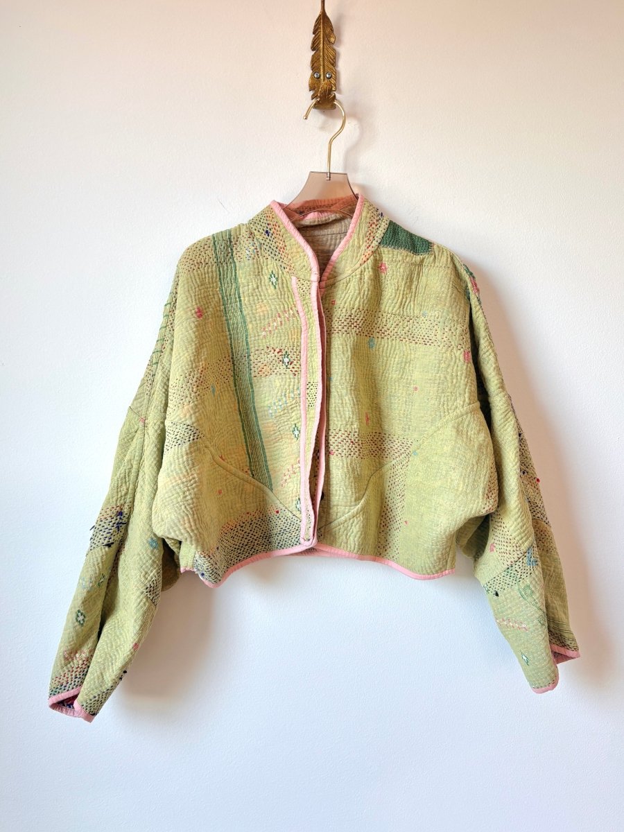 Reversible Kaira Quilted Cropped Jacket in Colors Tan, Pale Pink, & Lime - Made X Hudson