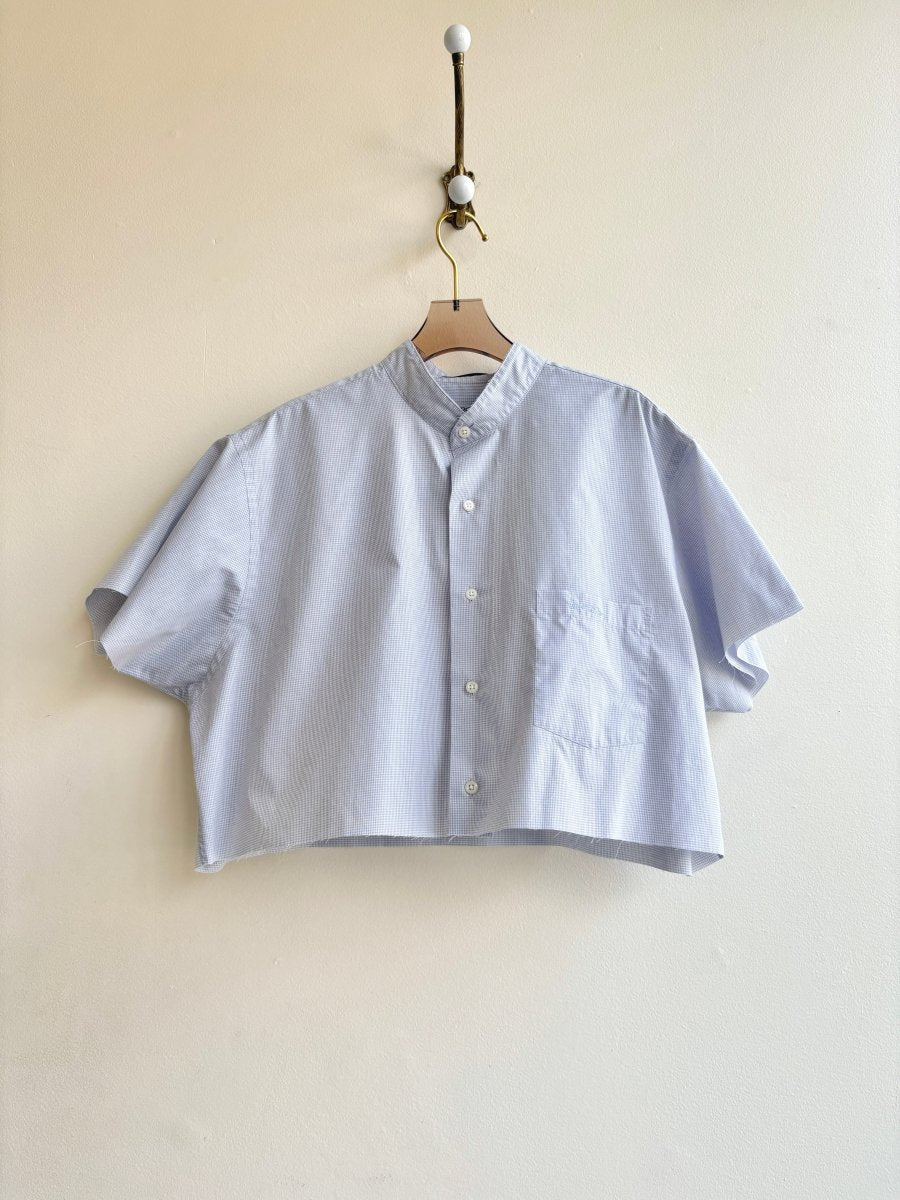 Pale Grey Blue Micro Checkered Short Sleeve Annette Crop Top (Reworked) - Made X Hudson
