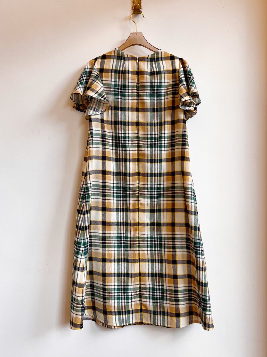 Green, Tan, Yellow, Cream, and Black Plaid Chore Dress with Flutter Sleeve - Made X Hudson