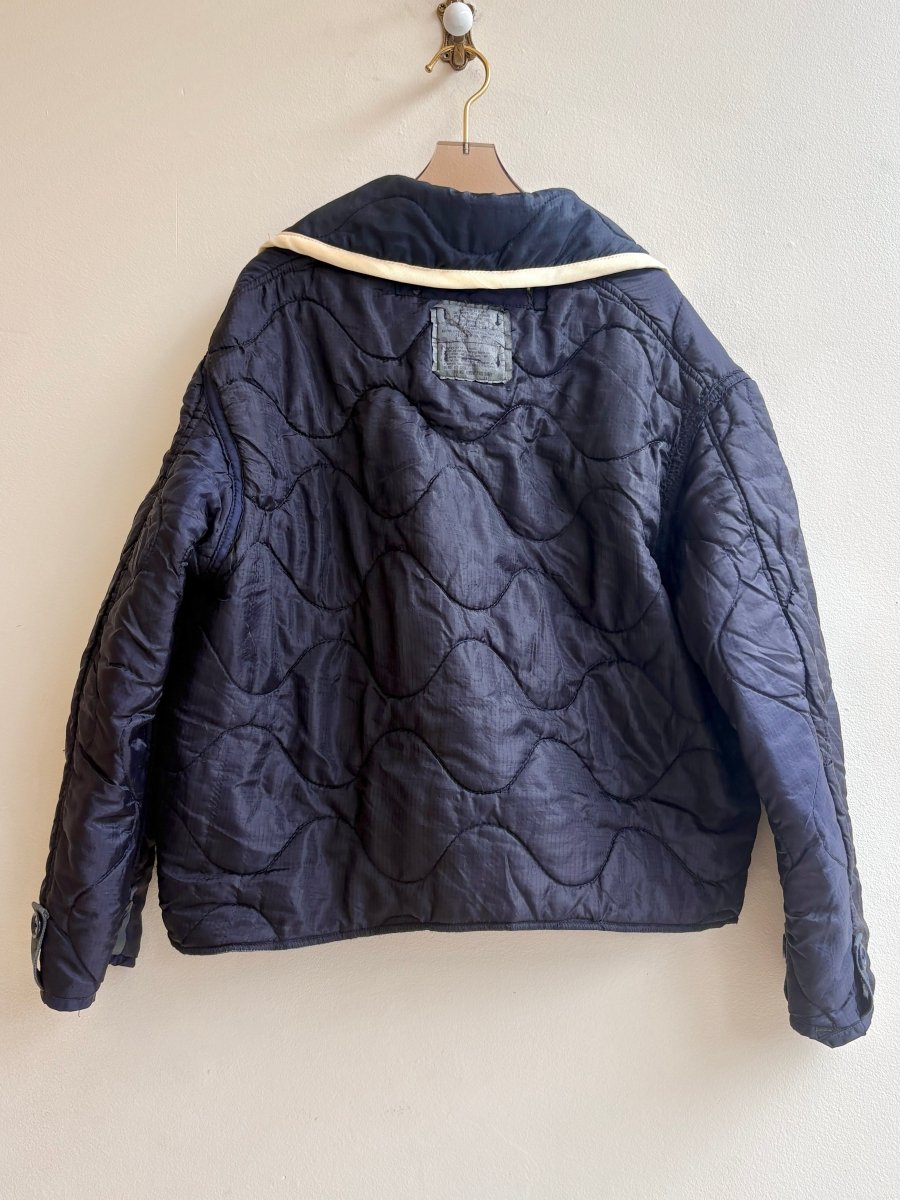 Deep Navy Blue Army Liner Quilted Coat w/ Yellow Trimmed Pockets & Collar & Ivory Buttons (Reworked) - Made X Hudson