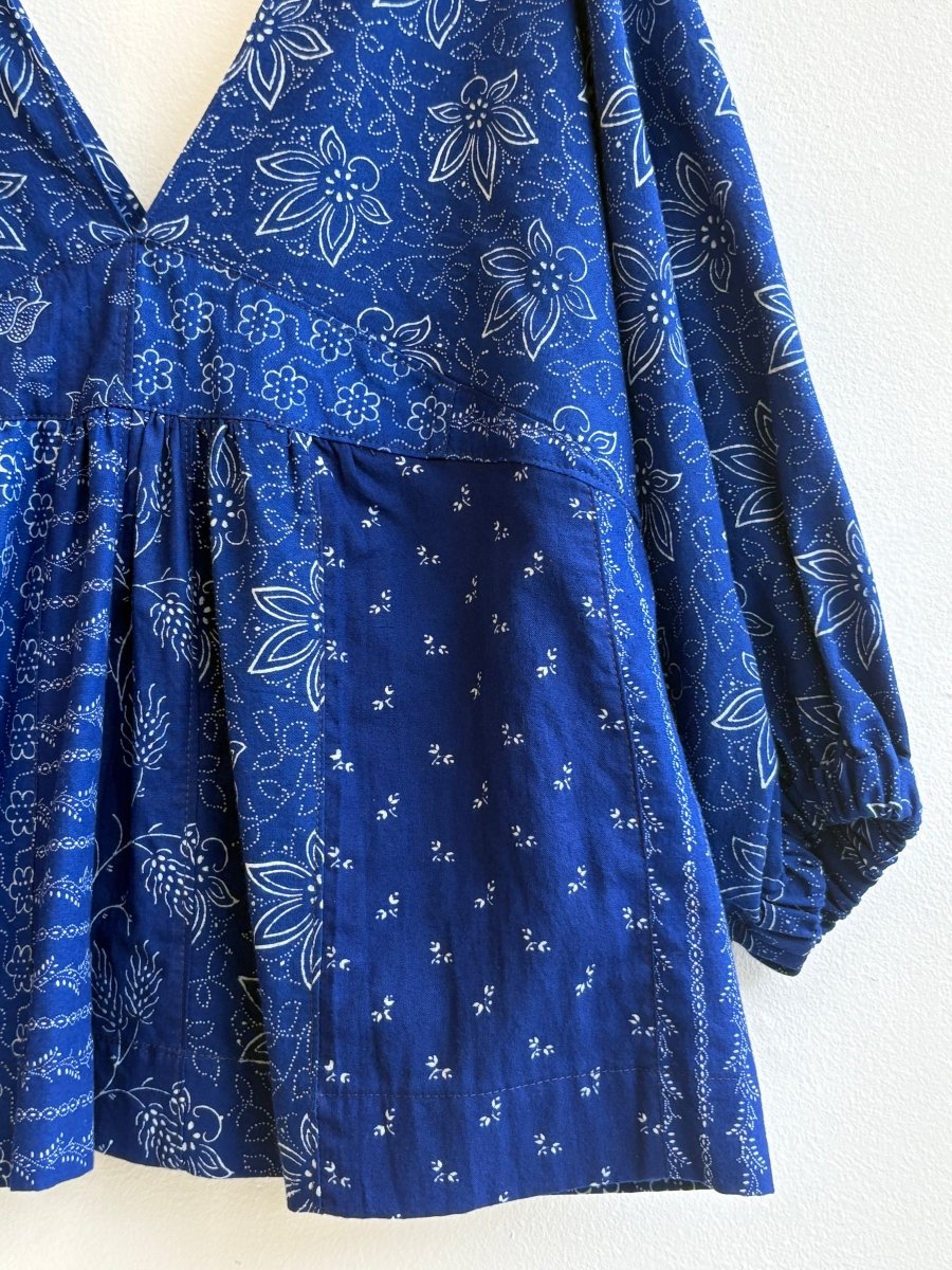 Zero Waste Blue Cotton Ruffle Top w/ Handstamped Floral Motif - Made X Hudson