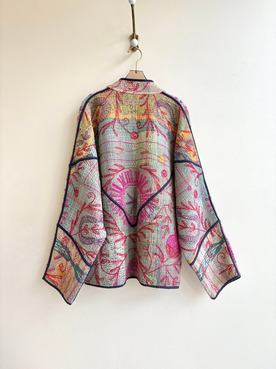 Reversible Ladhiya Suzani Quilted Jacket in Colors Sage, Hot Pink, Mustard, Grey & Grey, Red, Hot Pink, Salmon - Made X Hudson