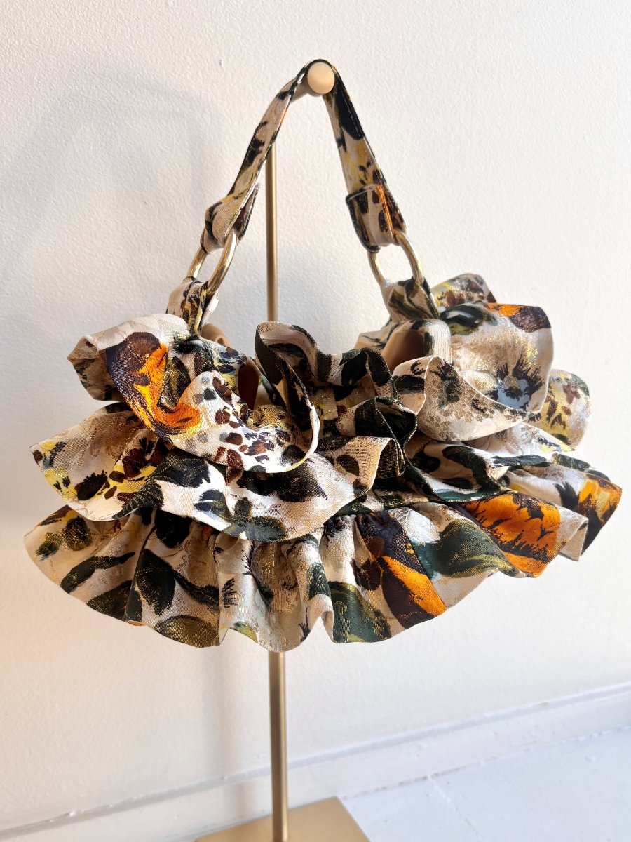 Liza Ruffle Bag in Cream Metallic Floral Print - Made X Hudson