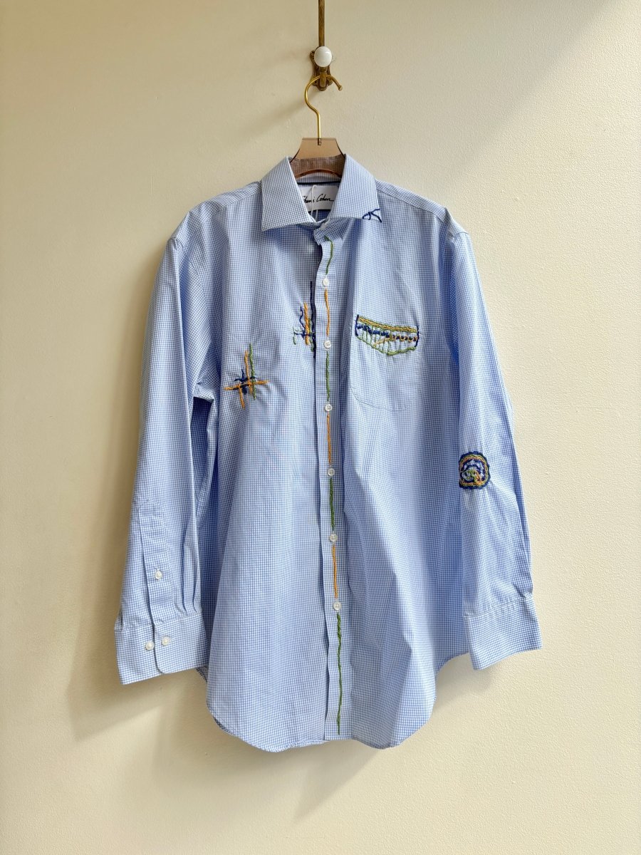 Gold, Grass, and Cobalt | Embroidered Blue Gingham Button Down (Reworked) - Made X Hudson