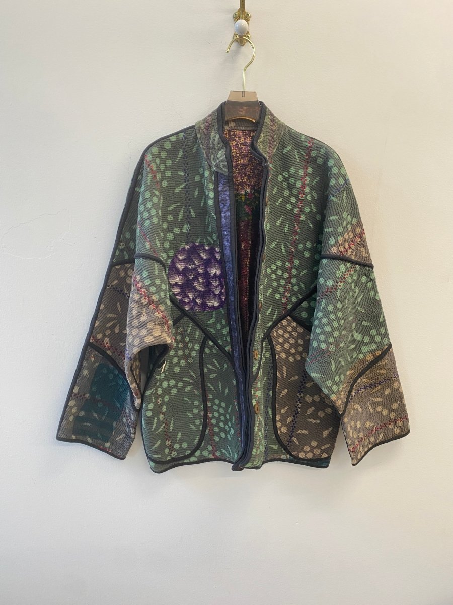 Reversible Ladhiya Quilted Jacket in Colors Taupe, Black, Fuchsia, Purple & Green - Made X Hudson