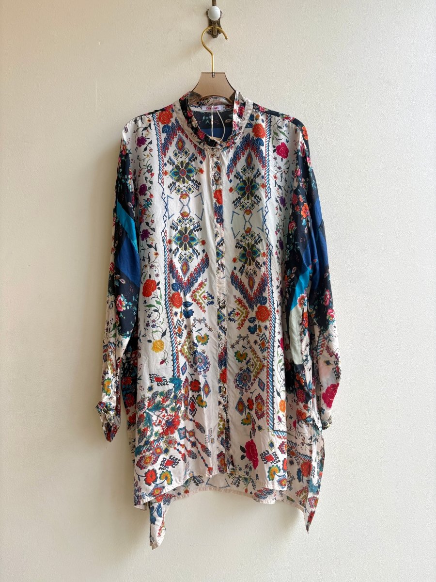 Johnny Was | Aqua and Cream Mixed Pattern Silk Blouse (Vintage) - Made X Hudson