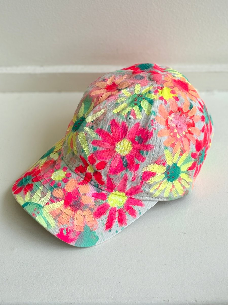 Natural Canvas Hand Painted Neon Pink & Yellow Flowers Baseball Cap - Made X Hudson