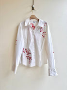 Good Luck Mixed Folk Button Down in White and Crimson | Hand Painted (Reworked) - Made X Hudson