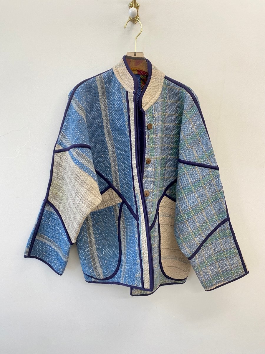 Reversible Ladhiya Quilted Jacket in Colors Blue, Teal, Navy, Cream & Blue, Floral Patches, Lavender, Red - Made X Hudson