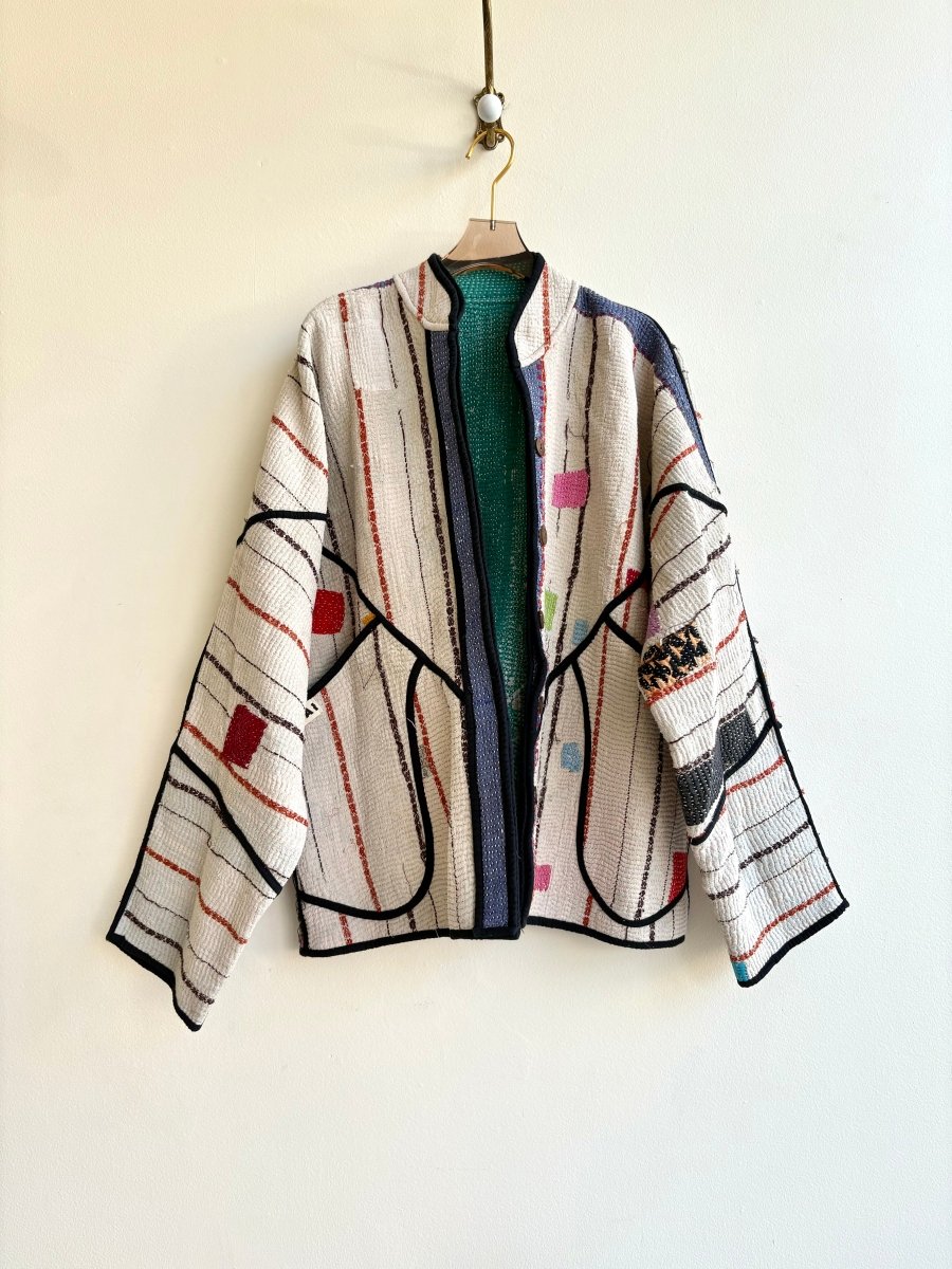 Reversible Ladhiya Quilted Jacket in Colors Cream w/ Multi Patchwork & Turquoise, Cream - Made X Hudson