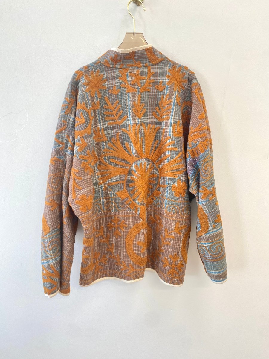 Reversible Ladhiya Quilted Jacket in Blue, Brown w/ Orange Floral Embroidery & Green, Brown Plaid w/ Orange Floral Embroidery - Made X Hudson