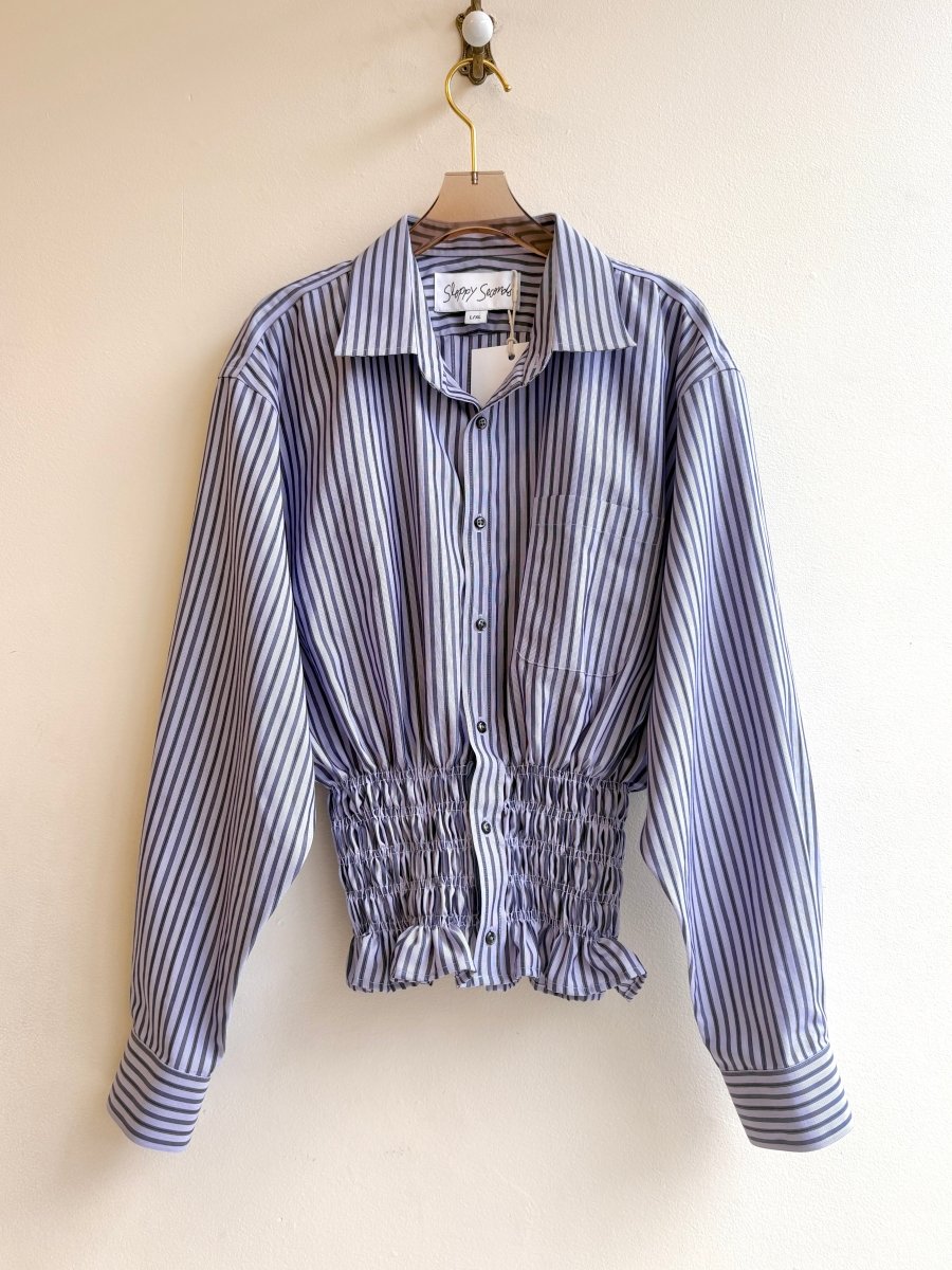 The George Top | Lavender Grey Stripe Button Down Top w/ Smocked Waist (Reworked) - Made X Hudson