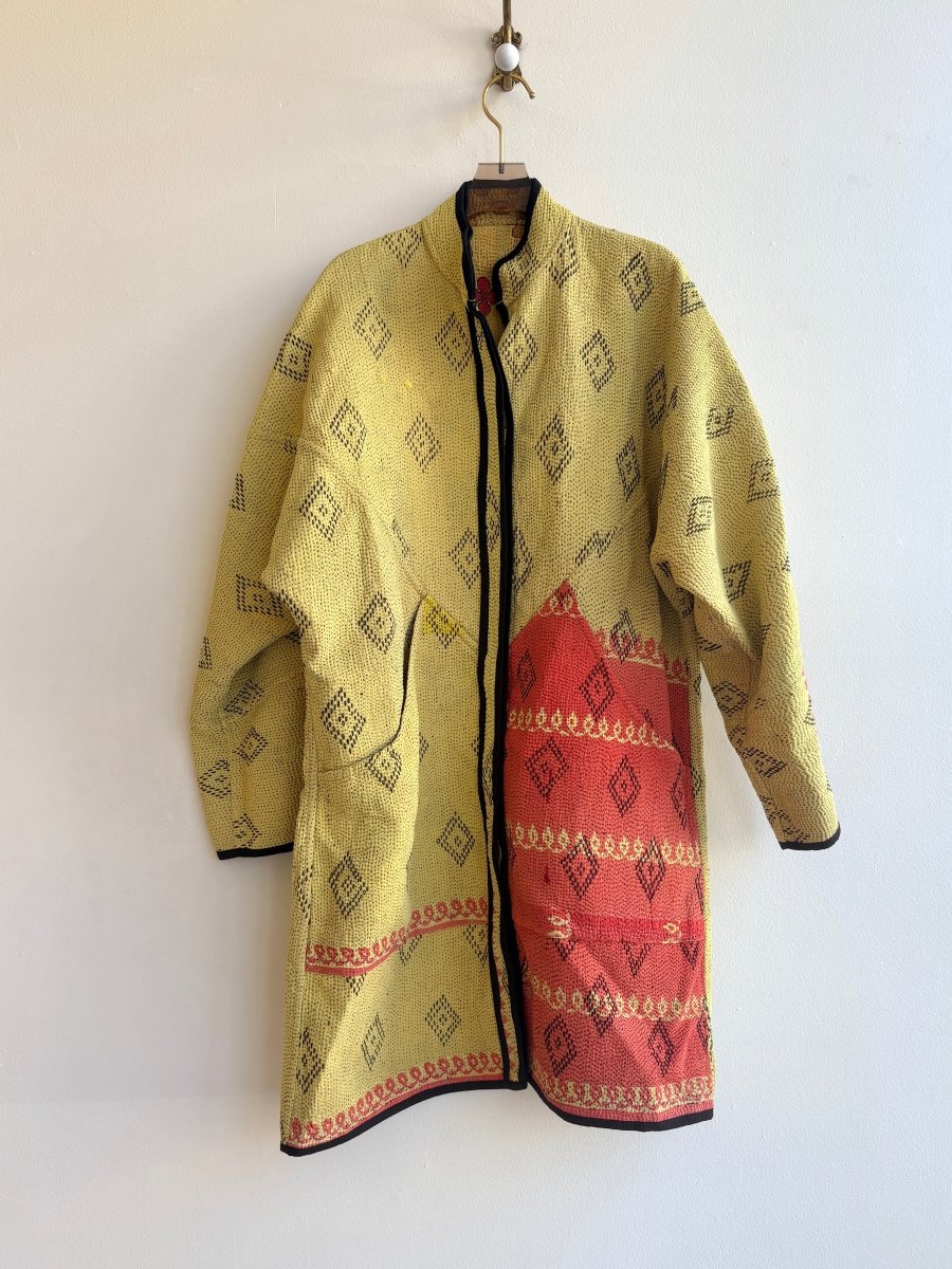 Reversible Sai Long Trench Quilted Jacket in Yellow, Orange & Red - Made X Hudson