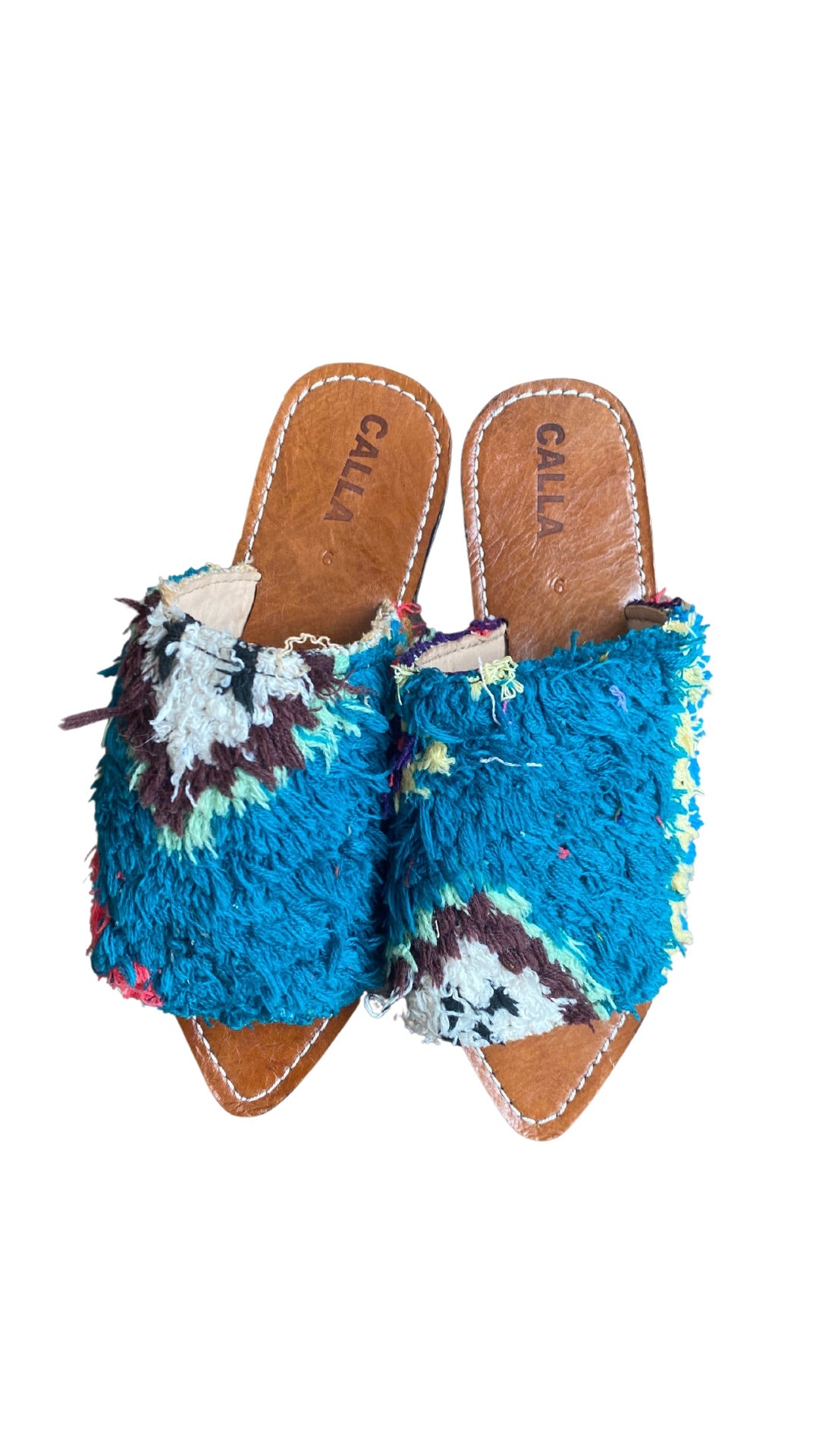 Moki Babouche “Xiomara” Flats Blue, Brown, Green, & Yellow (Size 39)