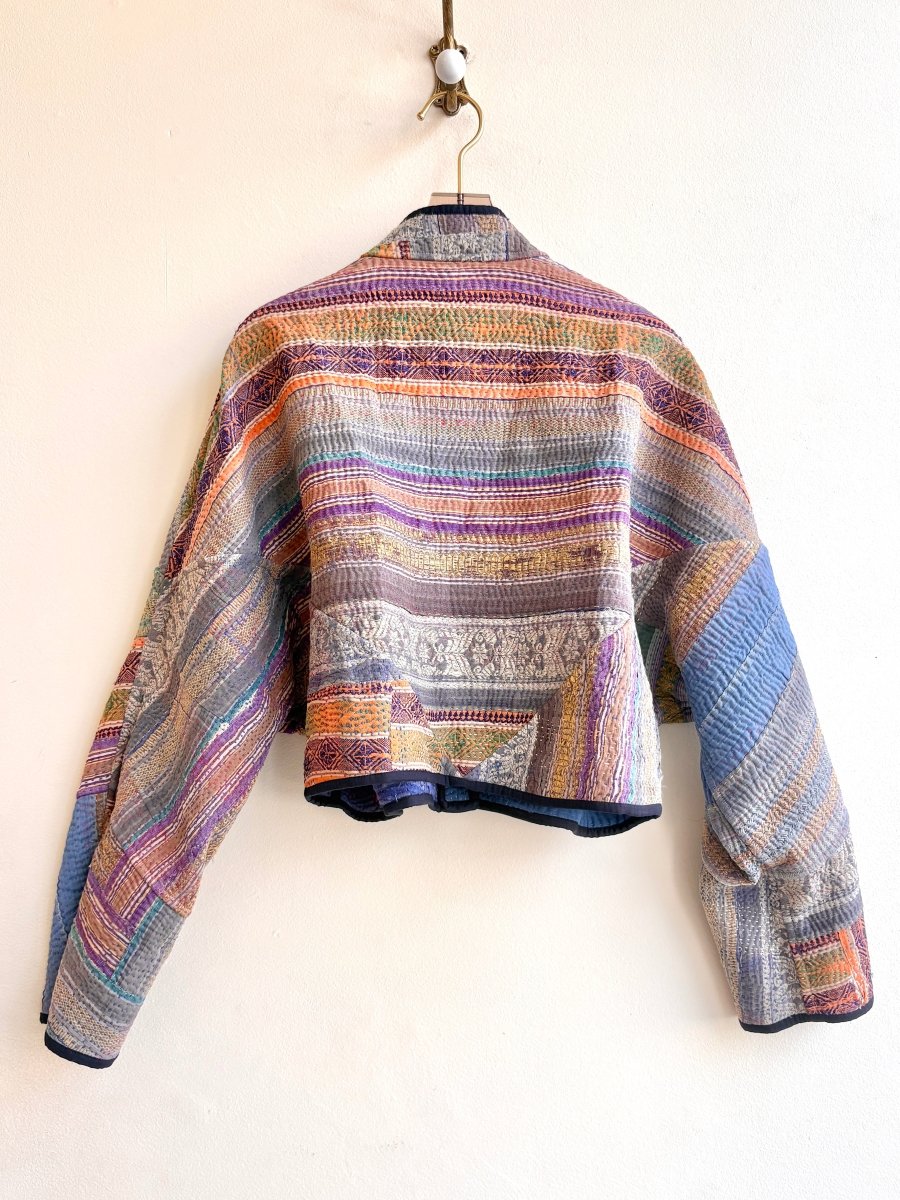 Reversible Kaira Quilted Cropped Jacket in Colors Blue, Neon Pink & Multi - Colored Stripe Mustard, Purple, Orange - Made X Hudson