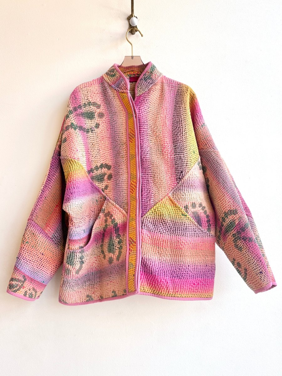 Reversible Ladhiya Quilted Jacket in Colors Pale Pink, Yellow, Cream Diamonds & Sunset Orange, Pink, Yellow - Made X Hudson