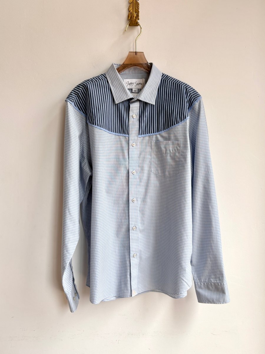 The Austin Top | Blue Gingham Down w/ Blue Stripe Shoulder Accent (Reworked) - Made X Hudson