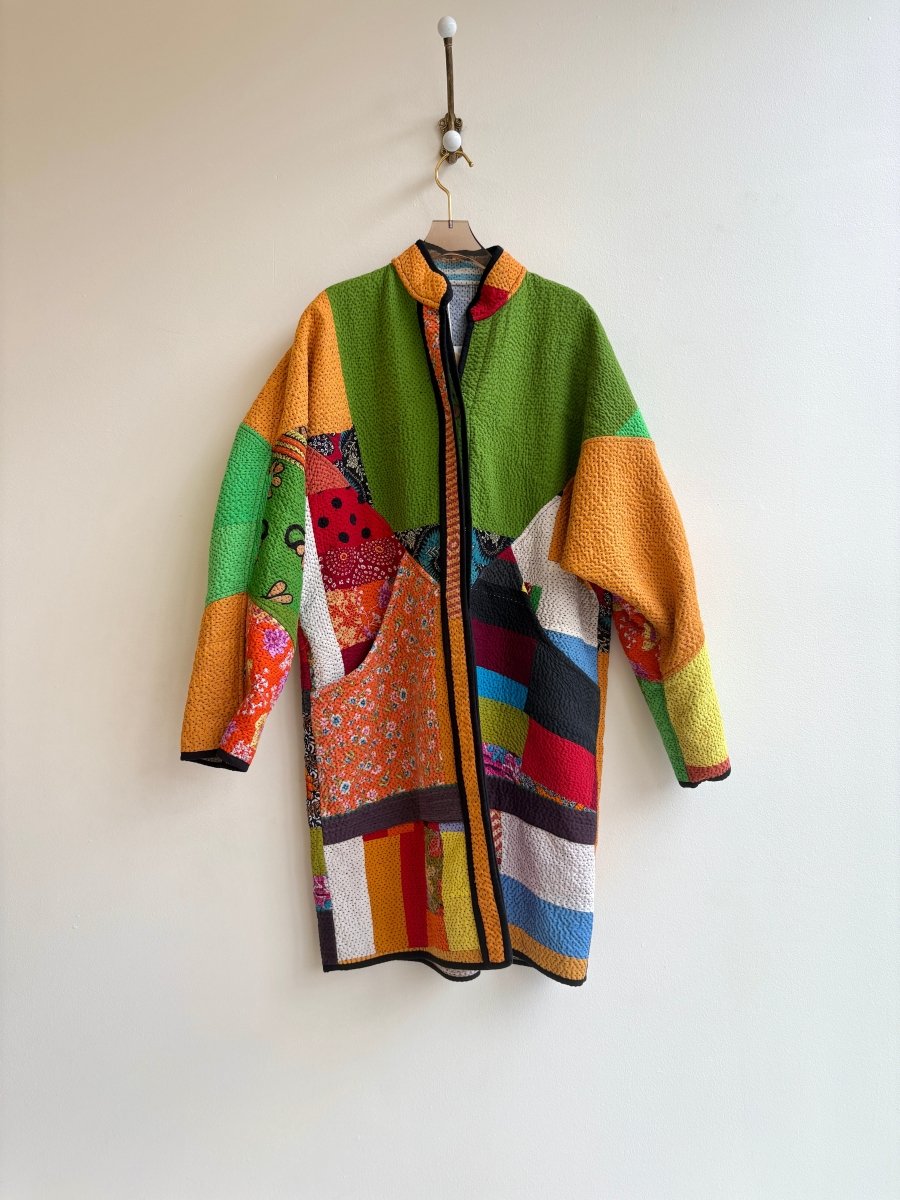 Reversible Sai Long Trench Quilted Jacket in Colors Grey, Blue, Red, Orange & Green, Red, Saffron, Cream, Black - Made X Hudson