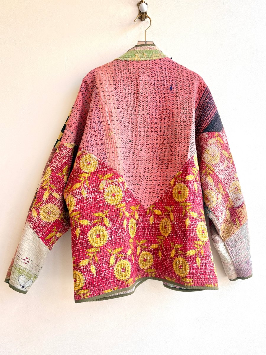 Reversible Ladhiya Quilted Jacket in Colors Olive Multi - Colored Pastel Patchwork & Red, Pink, Black, Yellow - Made X Hudson