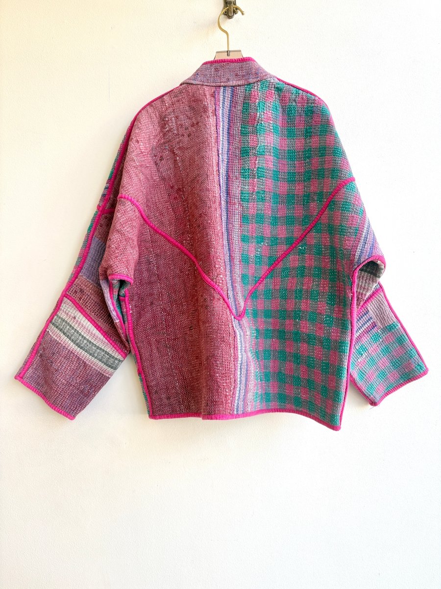 Reversible Ladhiya Quilted Jacket in Color Pink, Teal Plaid & Pink, Blue, Red Flower - Made X Hudson