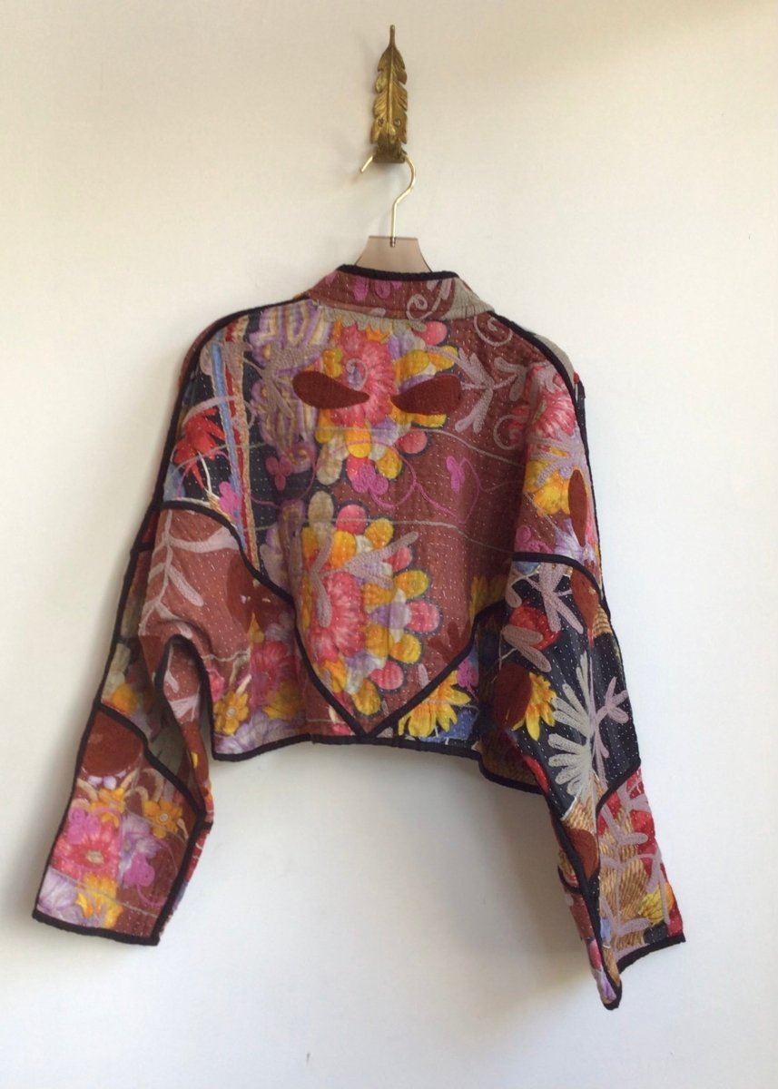 Reversible Kaira Suzani Quilted Cropped Jacket in Colors Rust, Black, Orange, Brown & Rust, Red, Purple, Orange - Made X Hudson