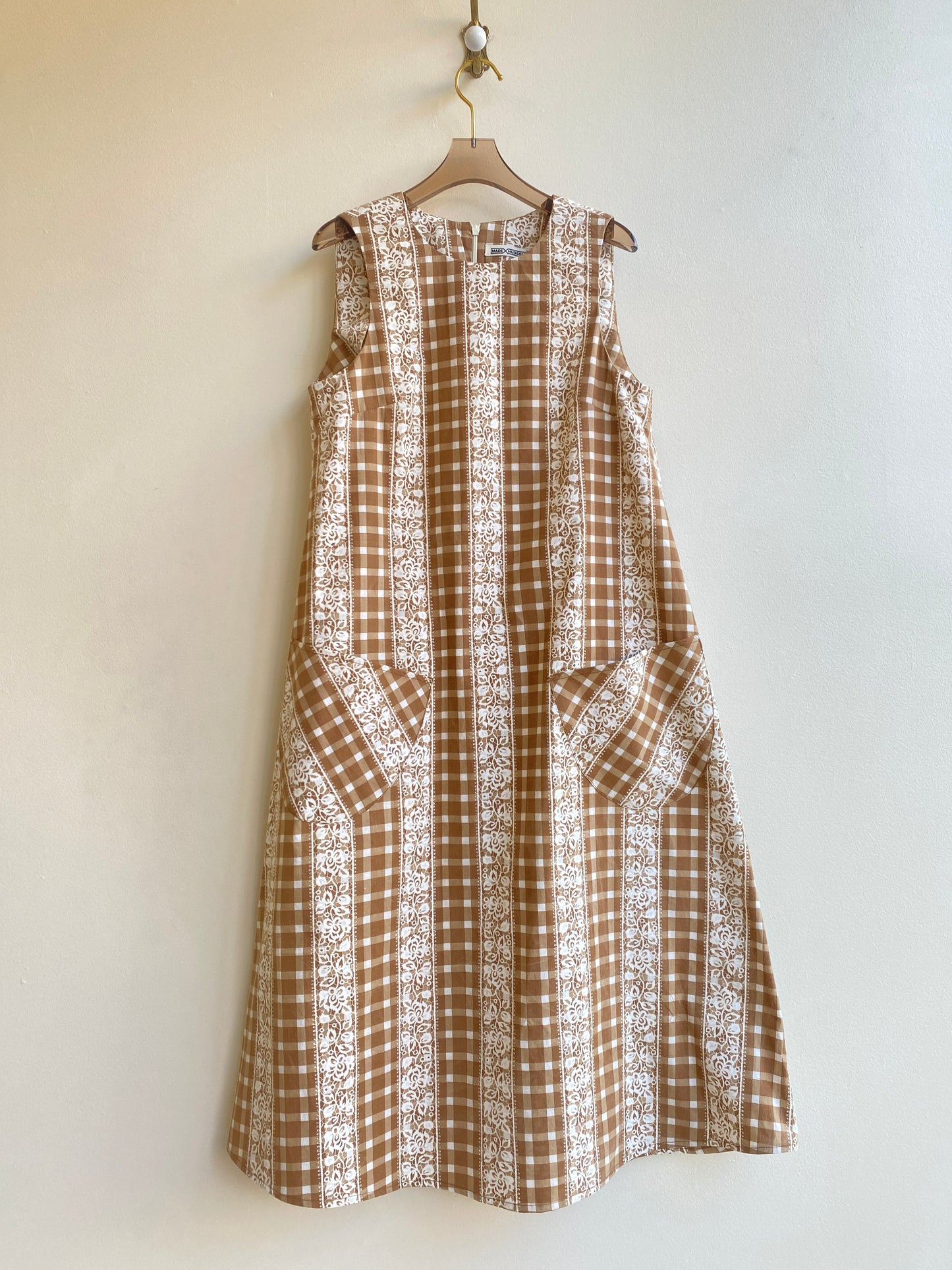 Brown & White Checkered & Lace Printed Chore Dress