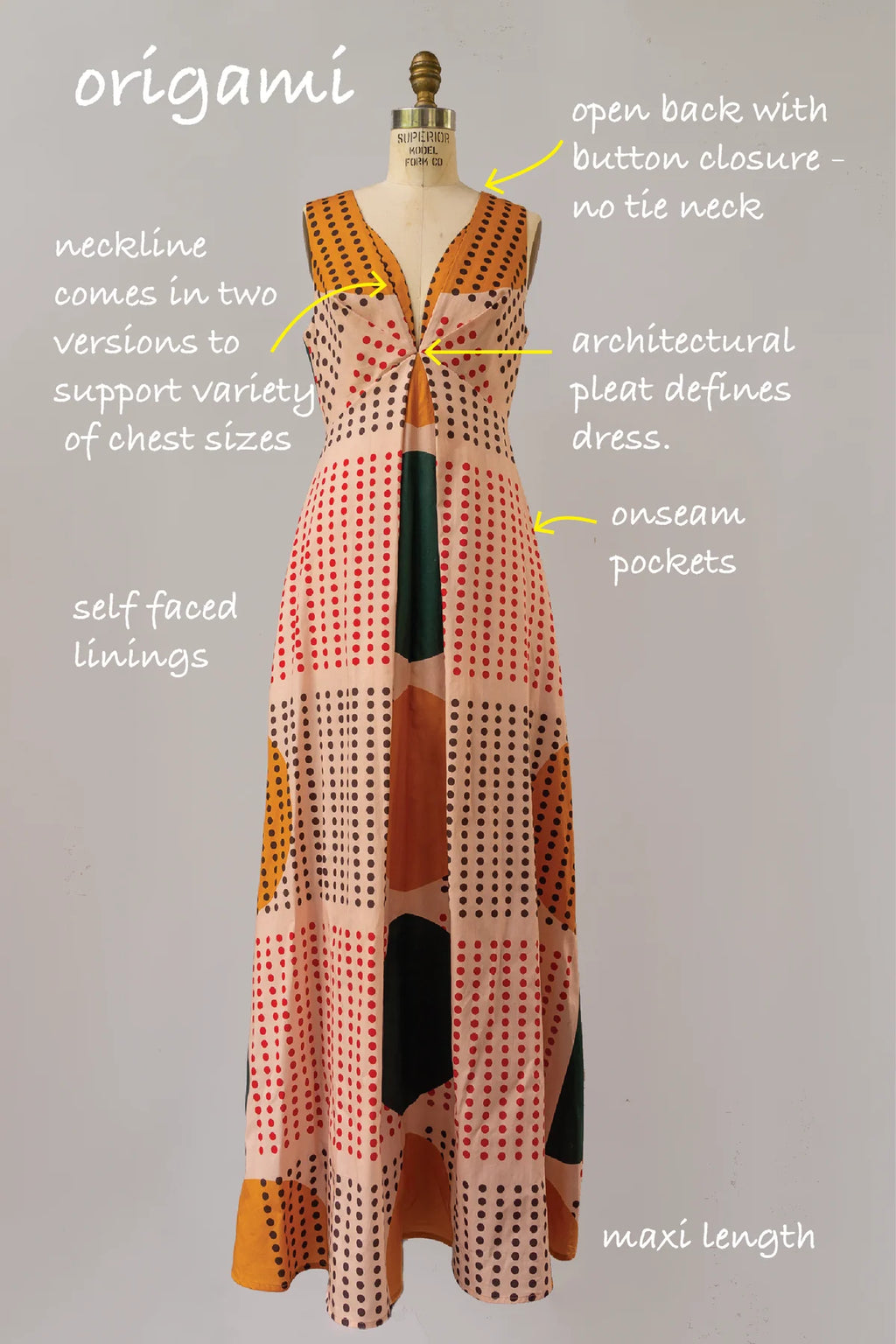 Peach, Red, Green, Mustard Dotted Sunrise Sleeveless “Origami” Dress - Made X Hudson