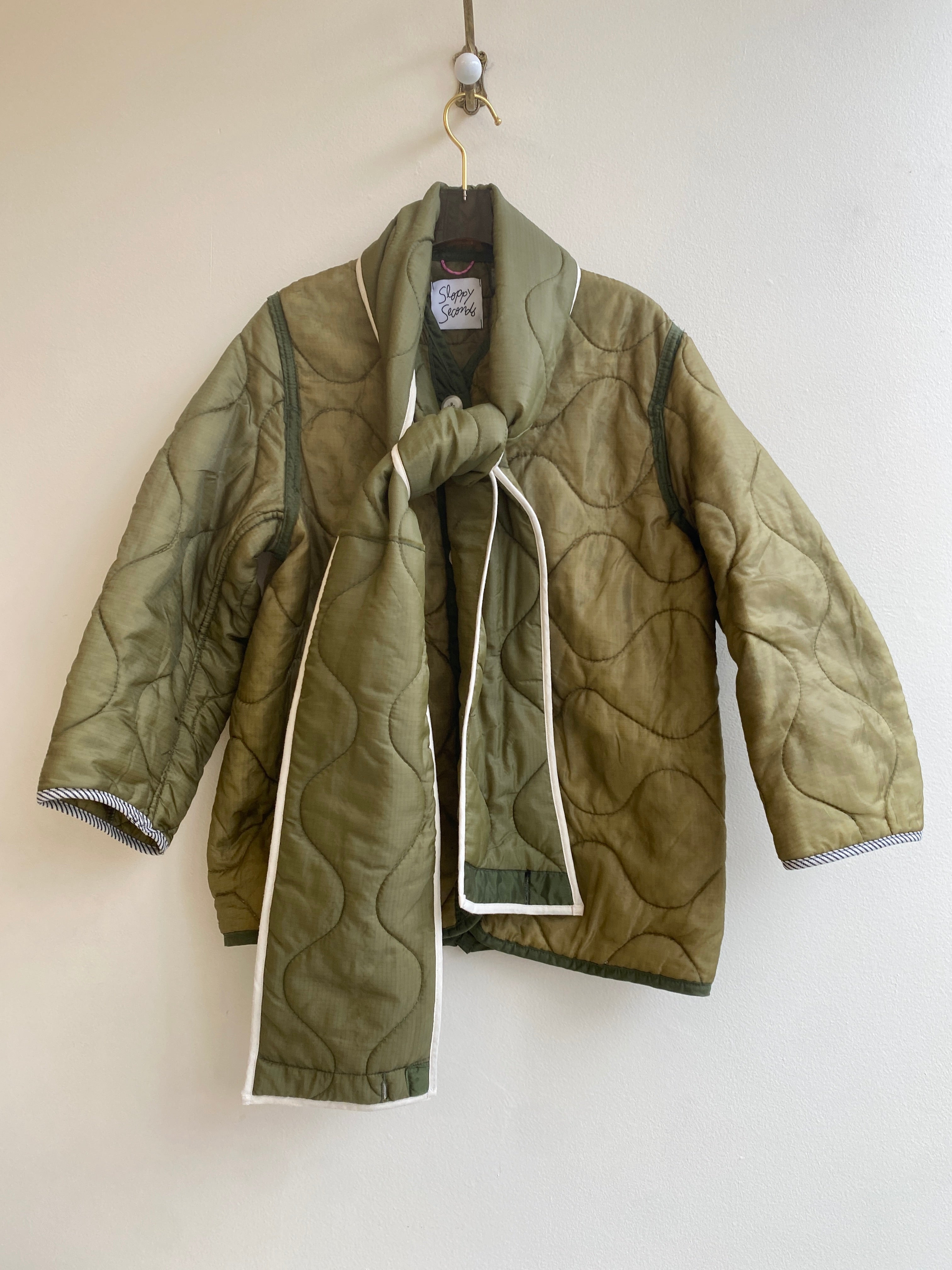 Olive Green Army Liner Quilted Coat w/ Scarf & White Buttons