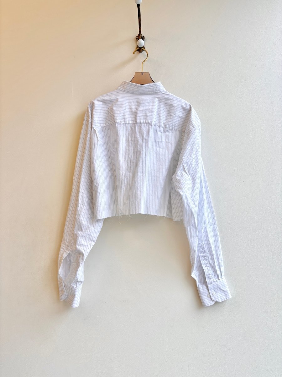 White w/ Brown Pinstripe Annette Crop Top w/ Brown Embroidered “Apres” (Reworked) - Made X Hudson