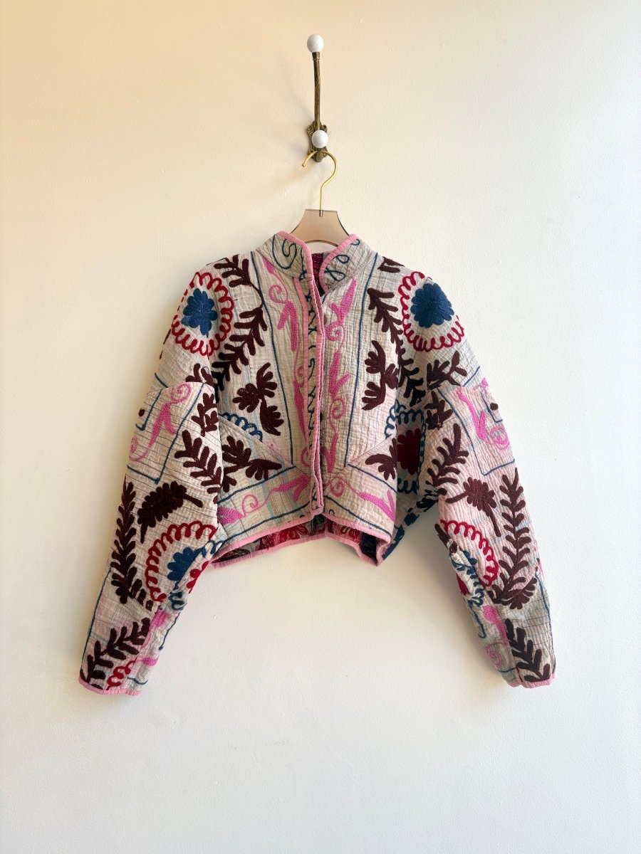 Reversible Suzani Quilted Cropped Jacket in Colors Purple, Pink, Grey, Blue & Ecru, Brown, Blue, Pink - Made X Hudson