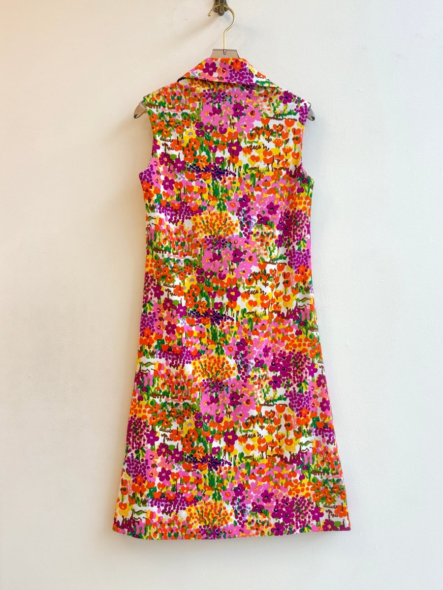 Orange and Violet Wildflower Sleeveless Mod Dress with Collar (Vintage) - Made X Hudson
