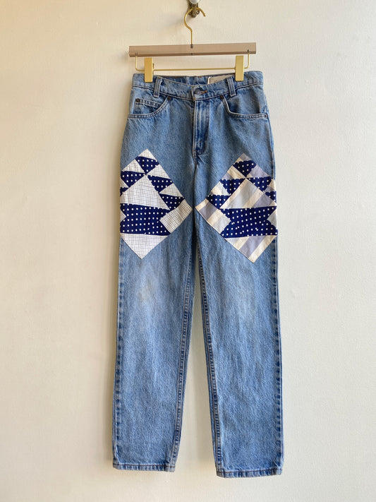 Vintage Light Wash Orange Tab Levi’s w/ Double Blue & White Polka Dot & Striped Quilted Patches (Reworked)