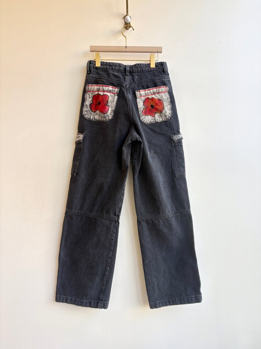 Black Denim and Red Embroidered Poppy Pocket Jeans (Reworked) - Made X Hudson