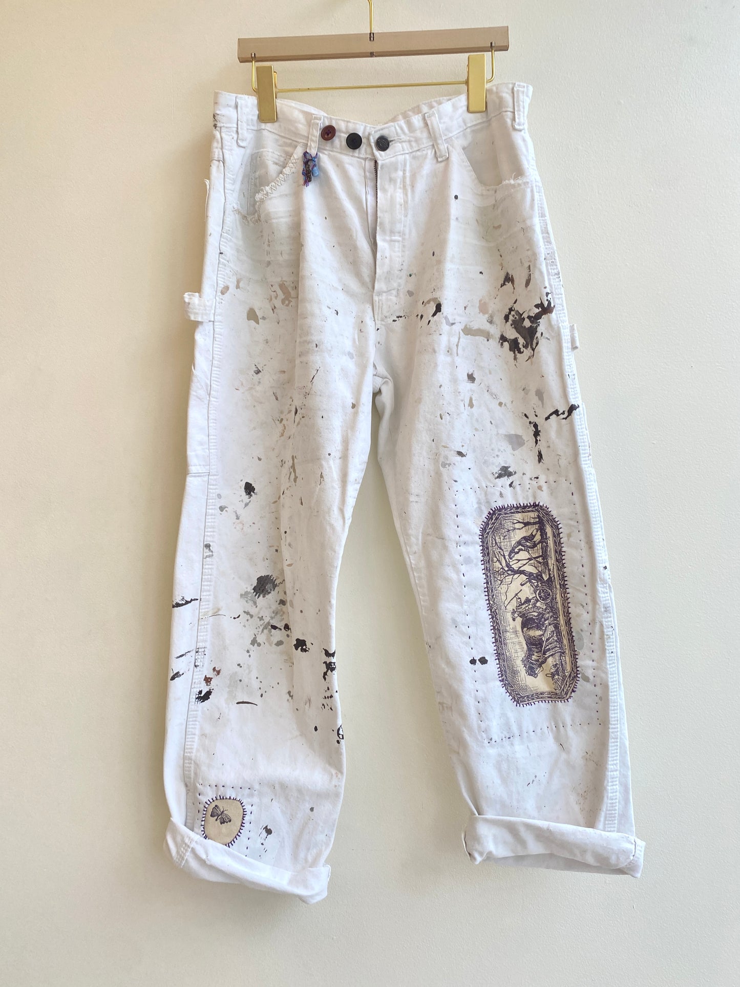 Hand Stitched Farm Life & Butterfly Patches Pants w/ Cracker Jack Charm (Reworked)