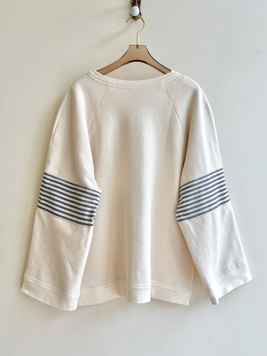 Beige Cotton Ragland Crewneck | Color Blocked with Vintage Stripe Elbows - Made X Hudson