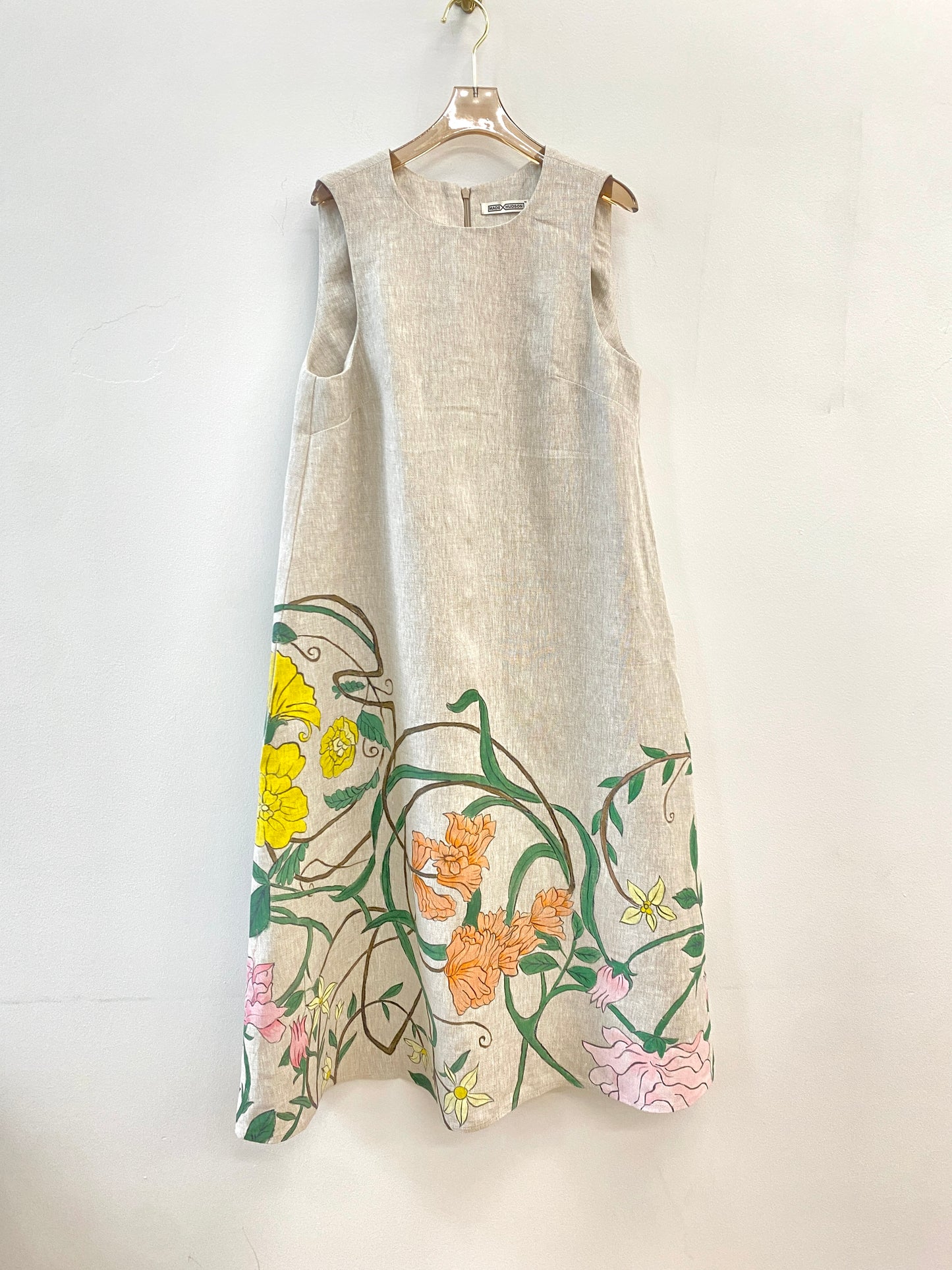 Oatmeal Chore Dress w/ Hand Painted Floral Print