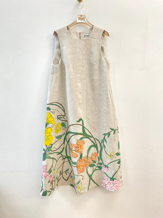 Oatmeal Chore Dress w/ Hand Painted Floral Print