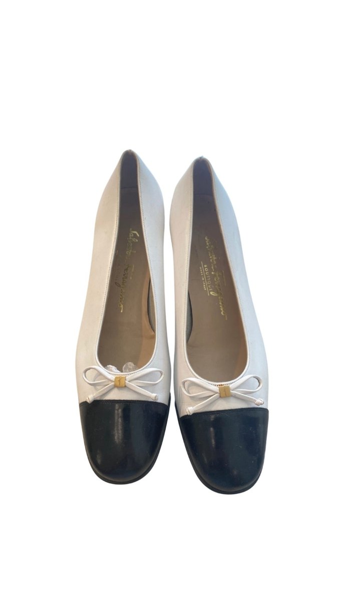 Salvatore Ferragamo | White w/ Black Toes & Bow Accent (Vintage) - Made X Hudson