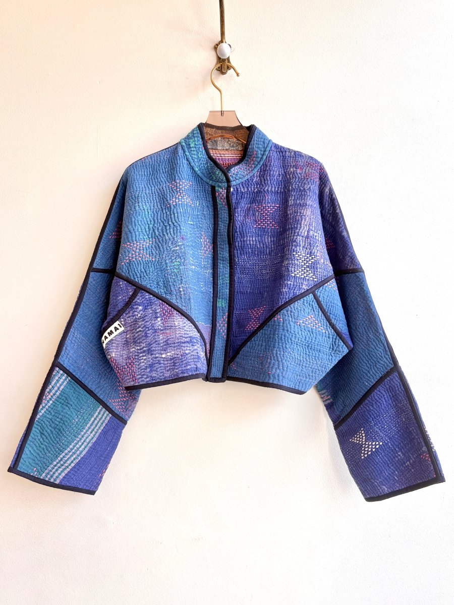 Reversible Kaira Quilted Cropped Jacket in Colors Blue, Neon Pink & Multi - Colored Stripe Mustard, Purple, Orange - Made X Hudson