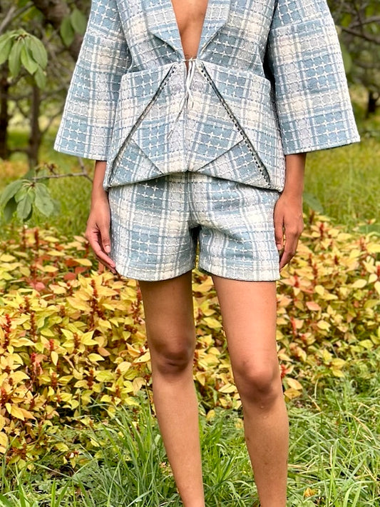 Pale Blue Wool Tweed Shorts w/ Crystal Accent