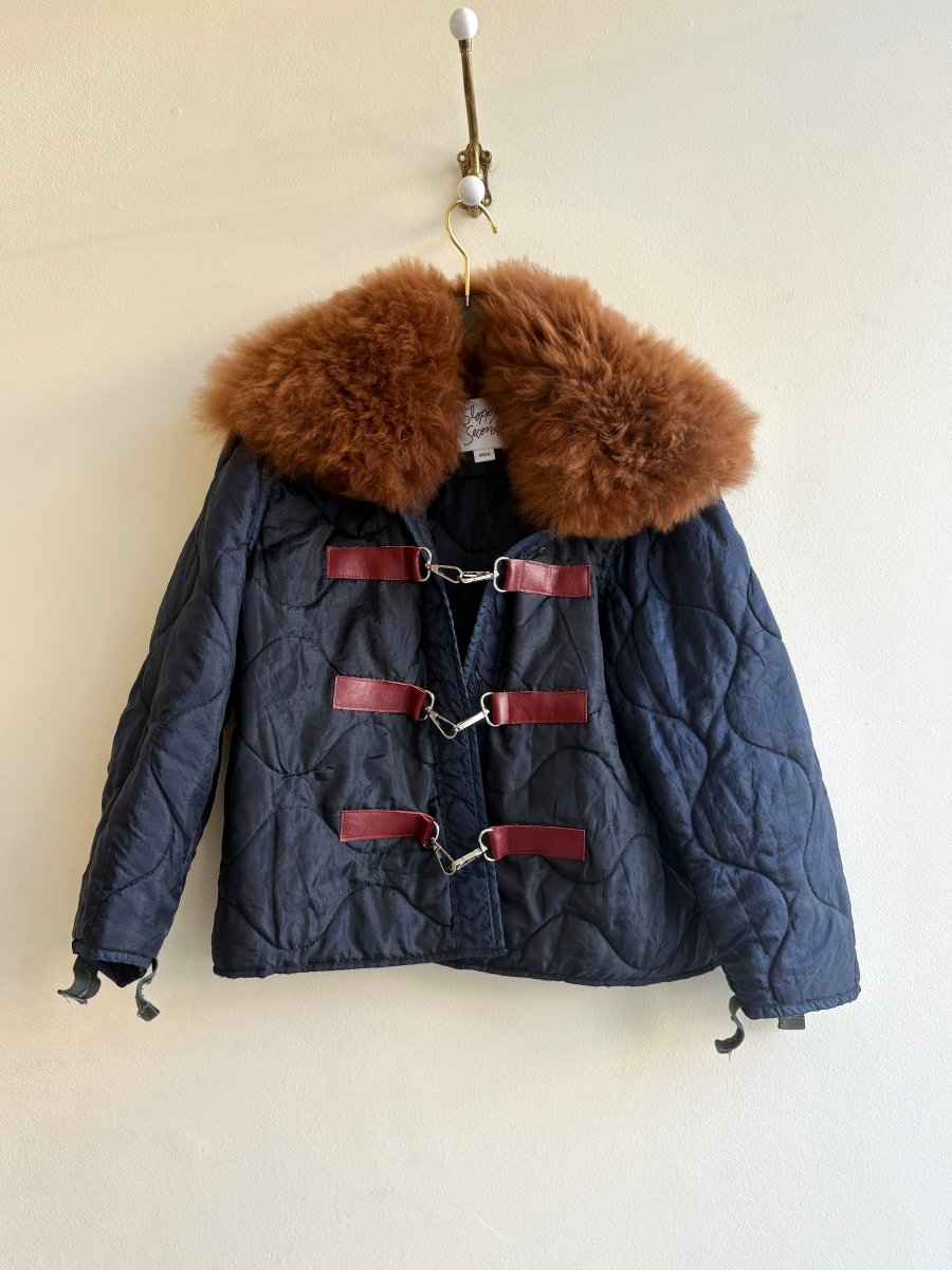 Deep Navy Army Liner Quilted Coat w/ Brown Alpaca Fur Collar & Dark Burgundy Clasps (Reworked) - Made X Hudson